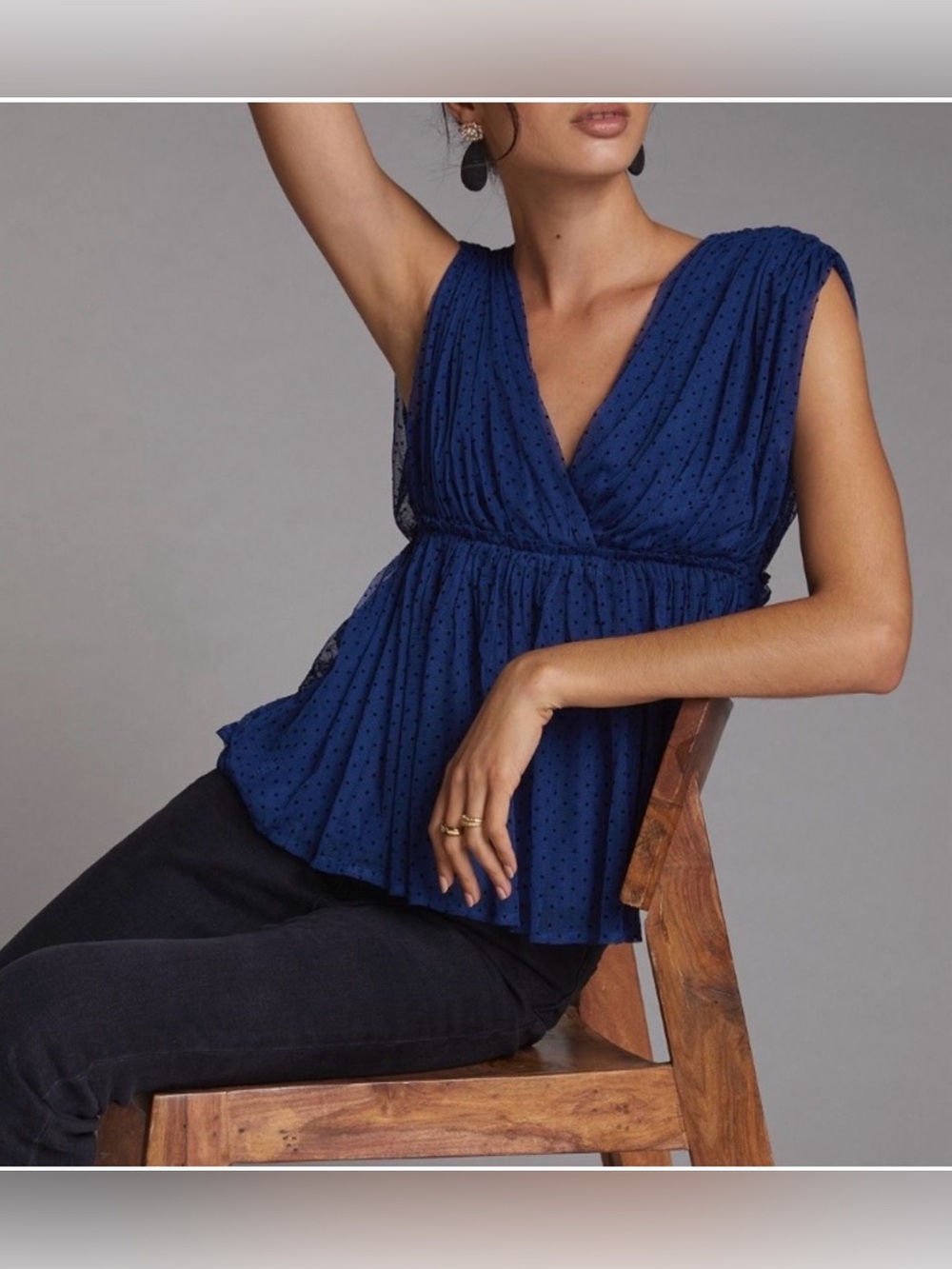 NWT Anthropologie Navy Blue Swiss Dot Tulle Babydoll Blouse Top Size Small